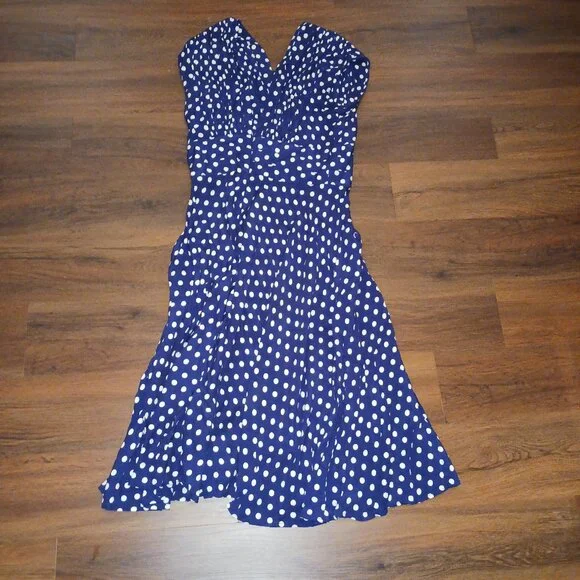 Trashy Diva 1940s Big Polka Dot Blue White GUC Dress SZ 10 Summer Vintage - Picture 6 of 6